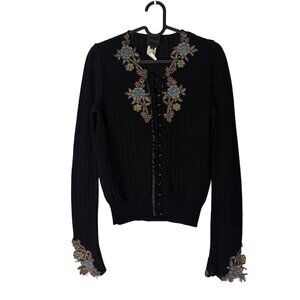 James Coviello X Anna Sui Black Floral Embroidered Wool Cardigan Sweater Small